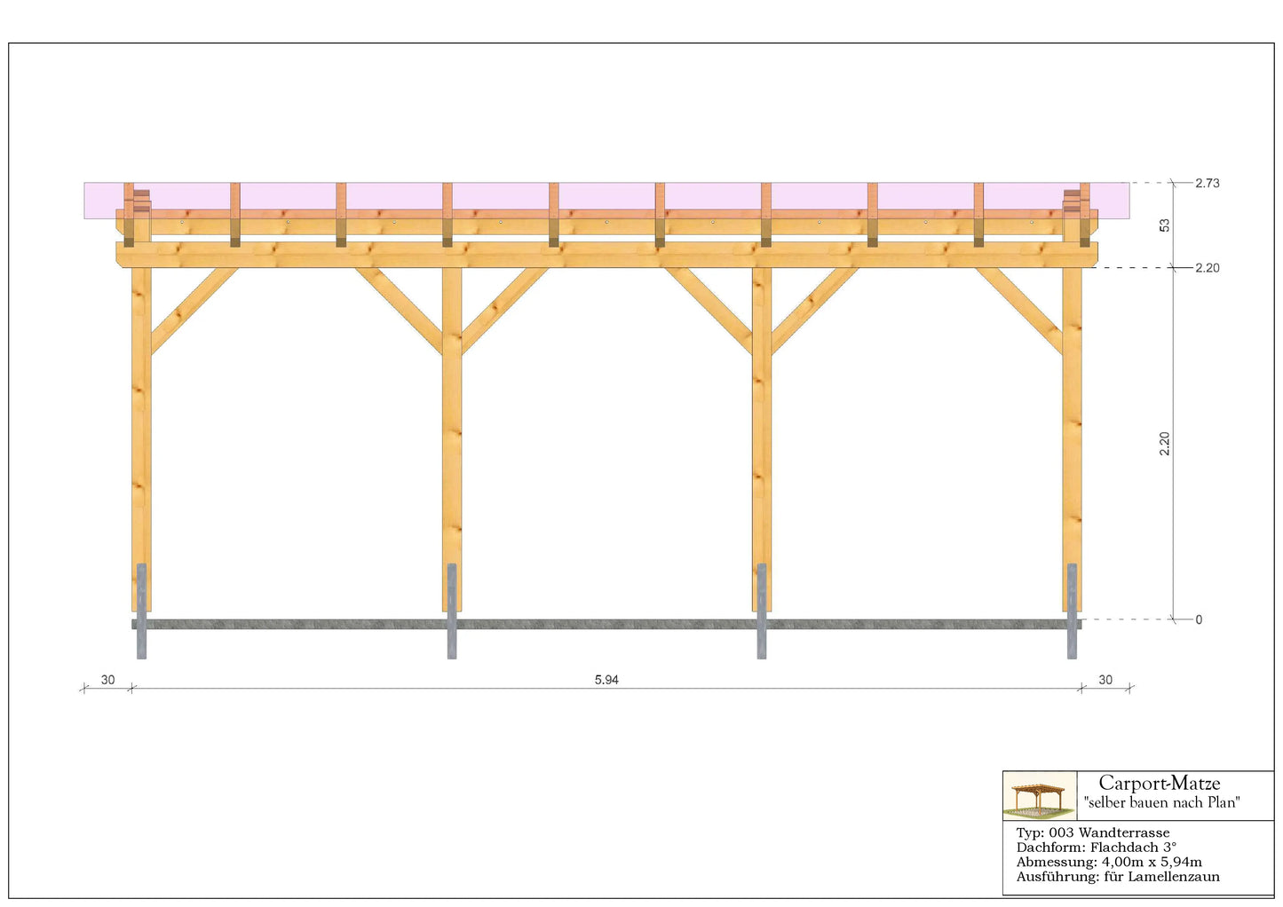 Bauplan für eine Holz-Terrasse 4,00m x  5,94m mit Montageanleitung - Schnitt 2