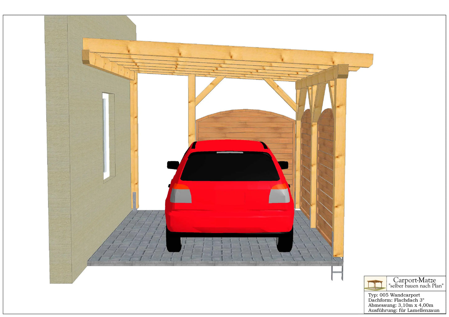 Bauplan für einen Holz-Wandcarport 3,10mx4,00m mit Montageanleitung - Ansicht 2