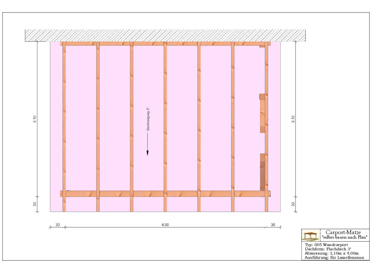 Bauplan für einen Holz-Wandcarport 3,10mx4,00m mit Montageanleitung - Draufsicht