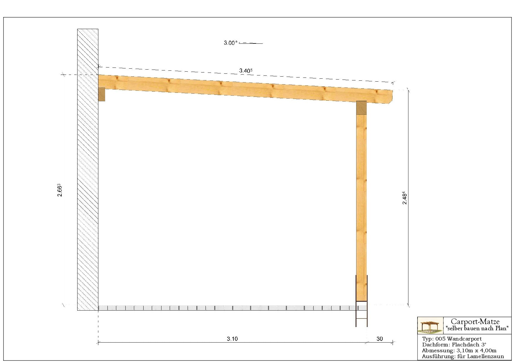 Bauplan für einen Holz-Wandcarport 3,10mx4,00m mit Montageanleitung - Schnitt