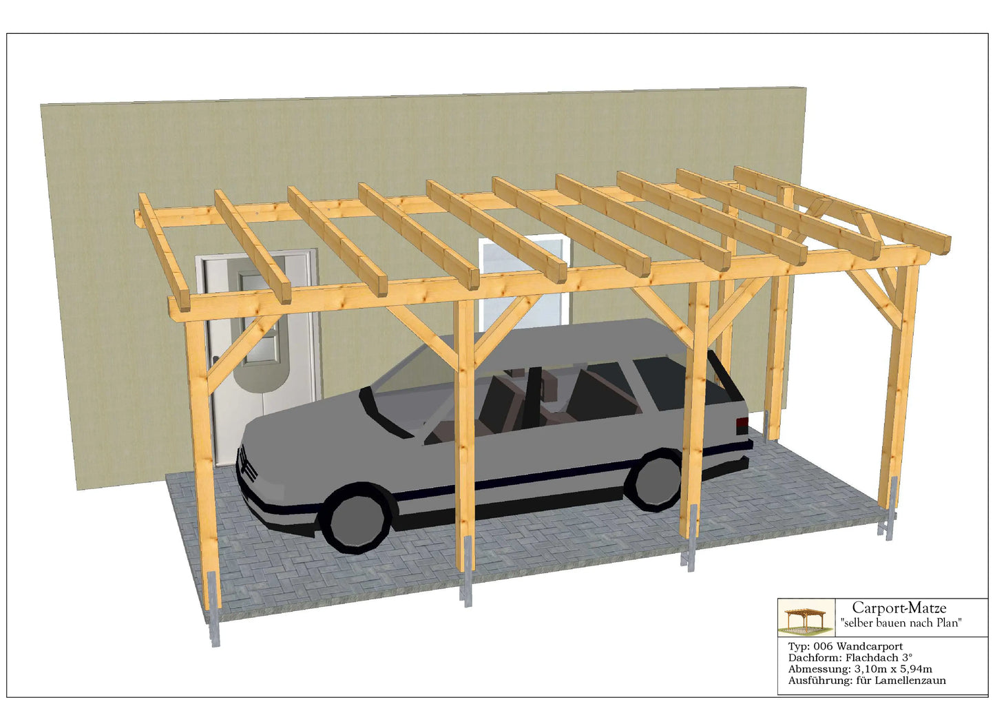 Bauplan für einen Holz-Wandcarport 3,10mx5,94m mit Montageanleitung - Ansicht 1