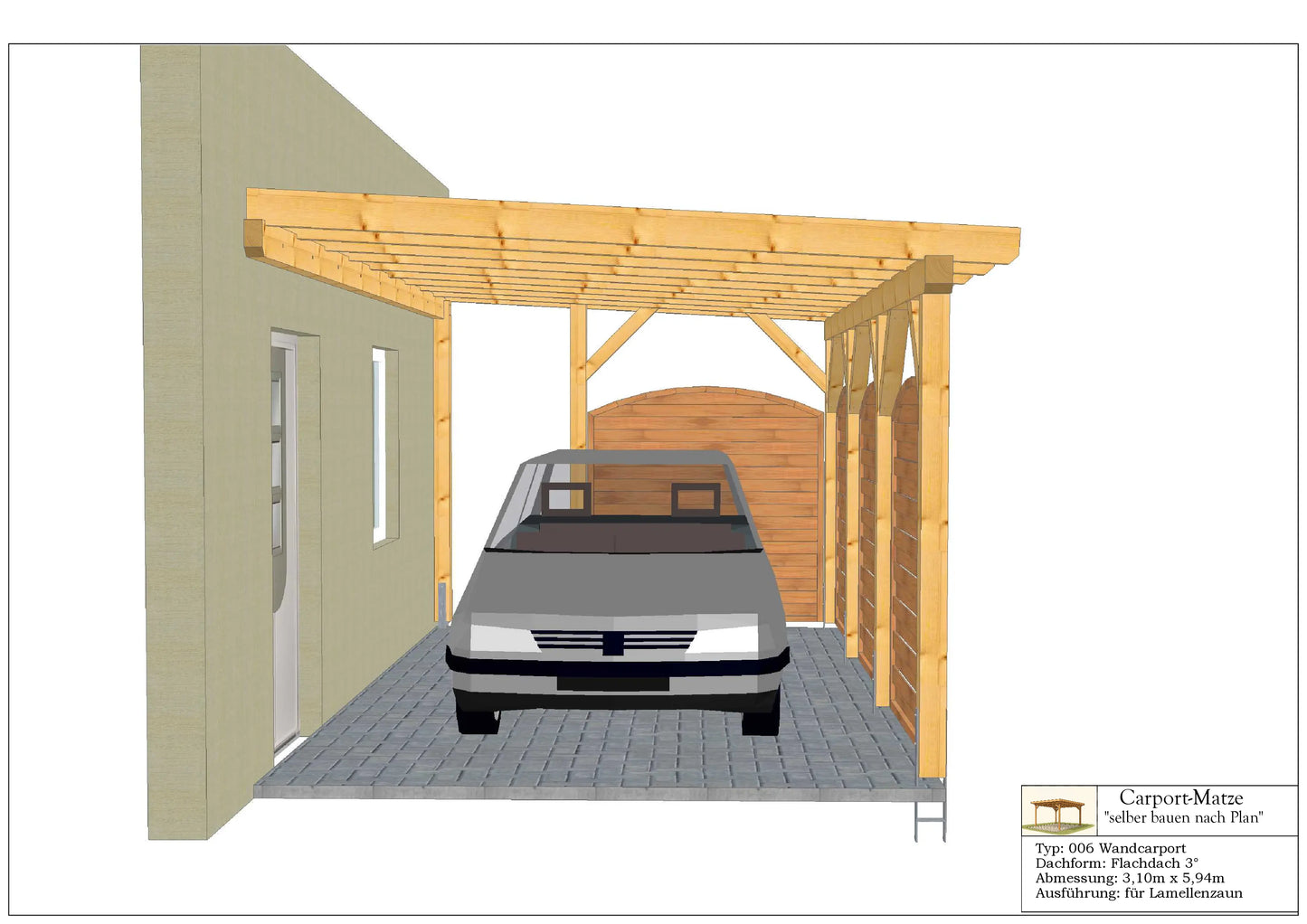 Bauplan für einen Holz-Wandcarport 3,10mx5,94m mit Montageanleitung - Ansicht 2