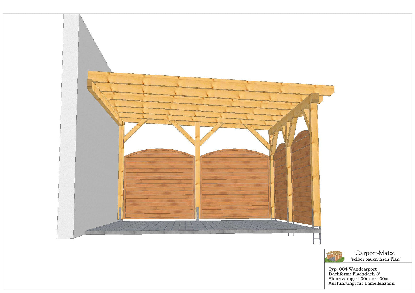 Bauplan für einen Holz-Wandcarport 4,00m x 4,00m mit Montageanleitung - Ansicht 3