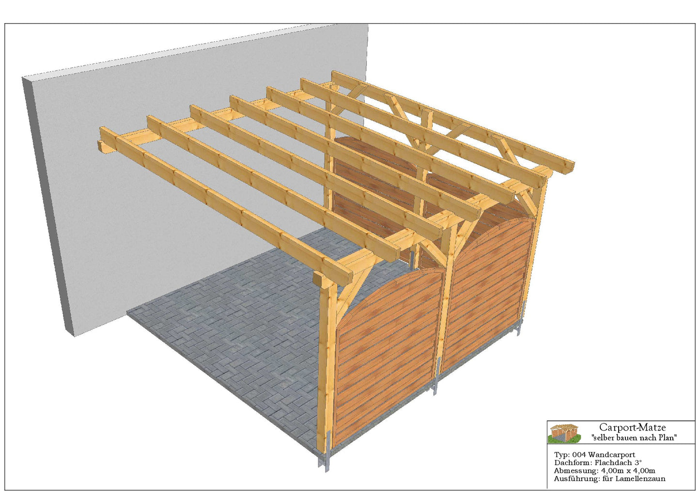 Bauplan für einen Holz-Wandcarport 4,00m x 4,00m mit Montageanleitung - Ansicht 4