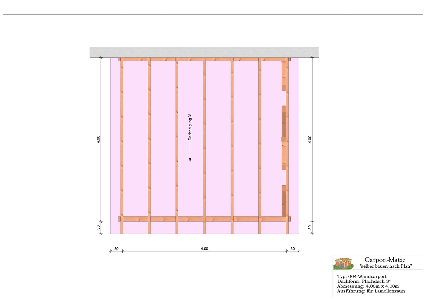 Bauplan für einen Holz-Wandcarport 4,00m x 4,00m mit Montageanleitung - Draufsicht