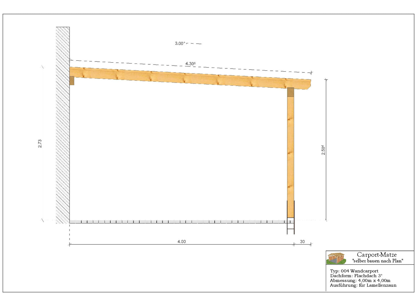 Bauplan für einen Holz-Wandcarport 4,00m x 4,00m mit Montageanleitung - Schnitt 