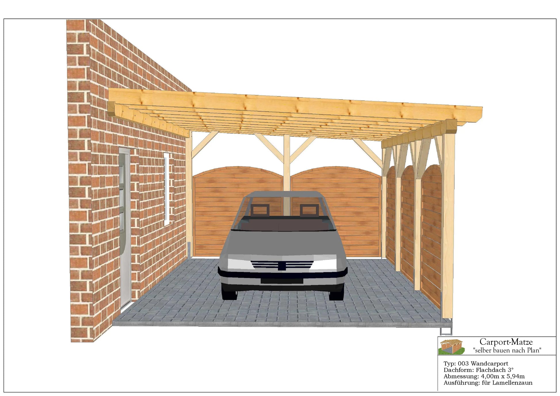 Bauplan für einen Holz-Wandcarport 4,00m x 5,94m mit Montageanleitung - Ansicht 1