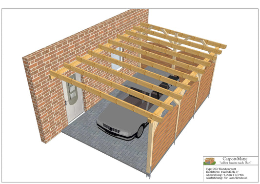 Bauplan für einen Holz-Wandcarport 4,00m x 5,94m mit Montageanleitung -  Ansicht 2