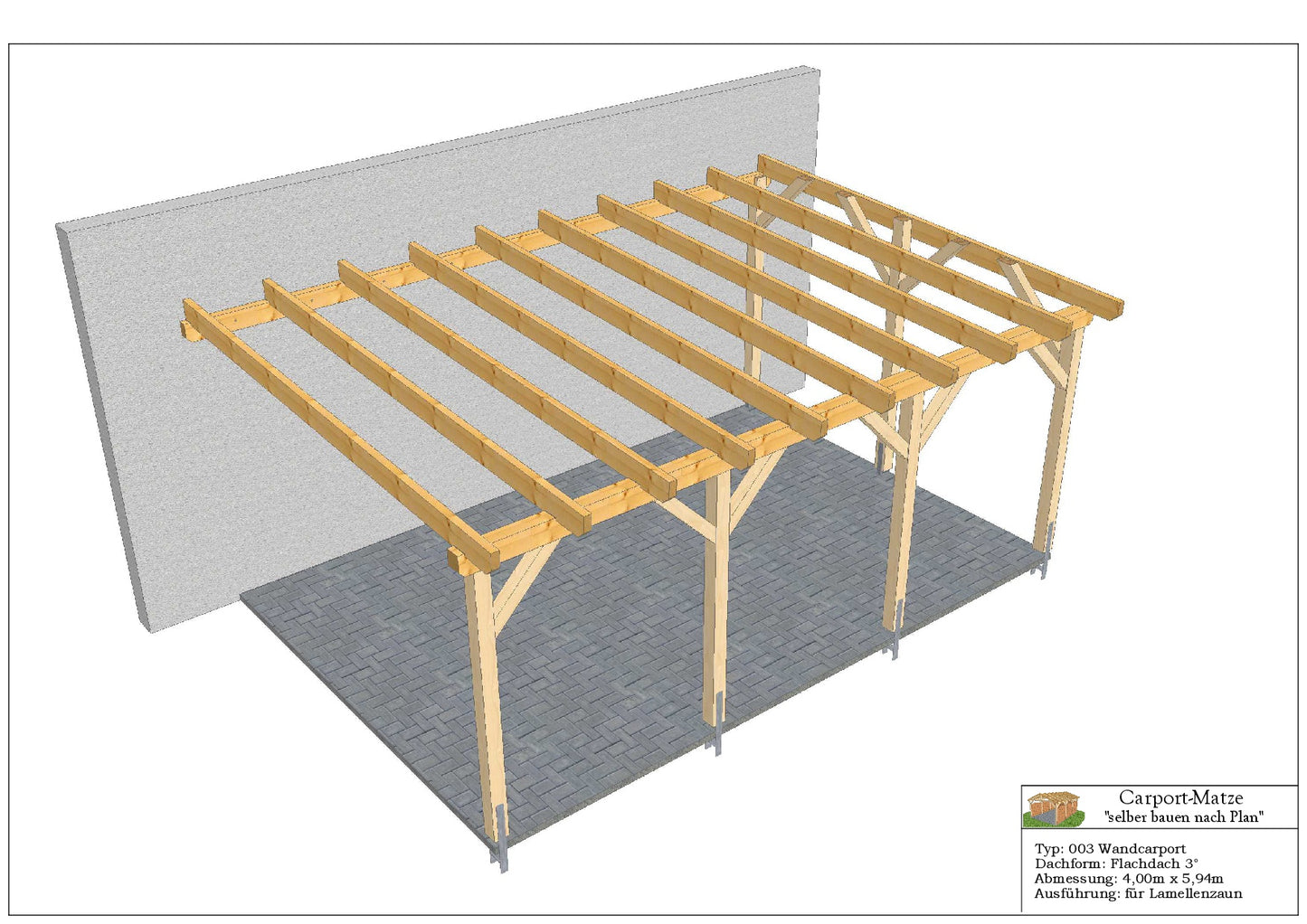 Bauplan für einen Holz-Wandcarport 4,00m x 5,94m mit Montageanleitung - Ansicht 3