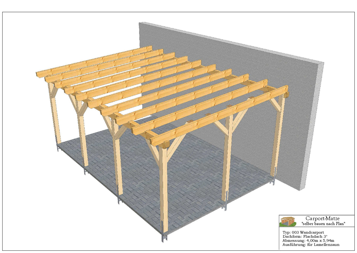Bauplan für einen Holz-Wandcarport 4,00m x 5,94m mit Montageanleitung - Ansicht 4