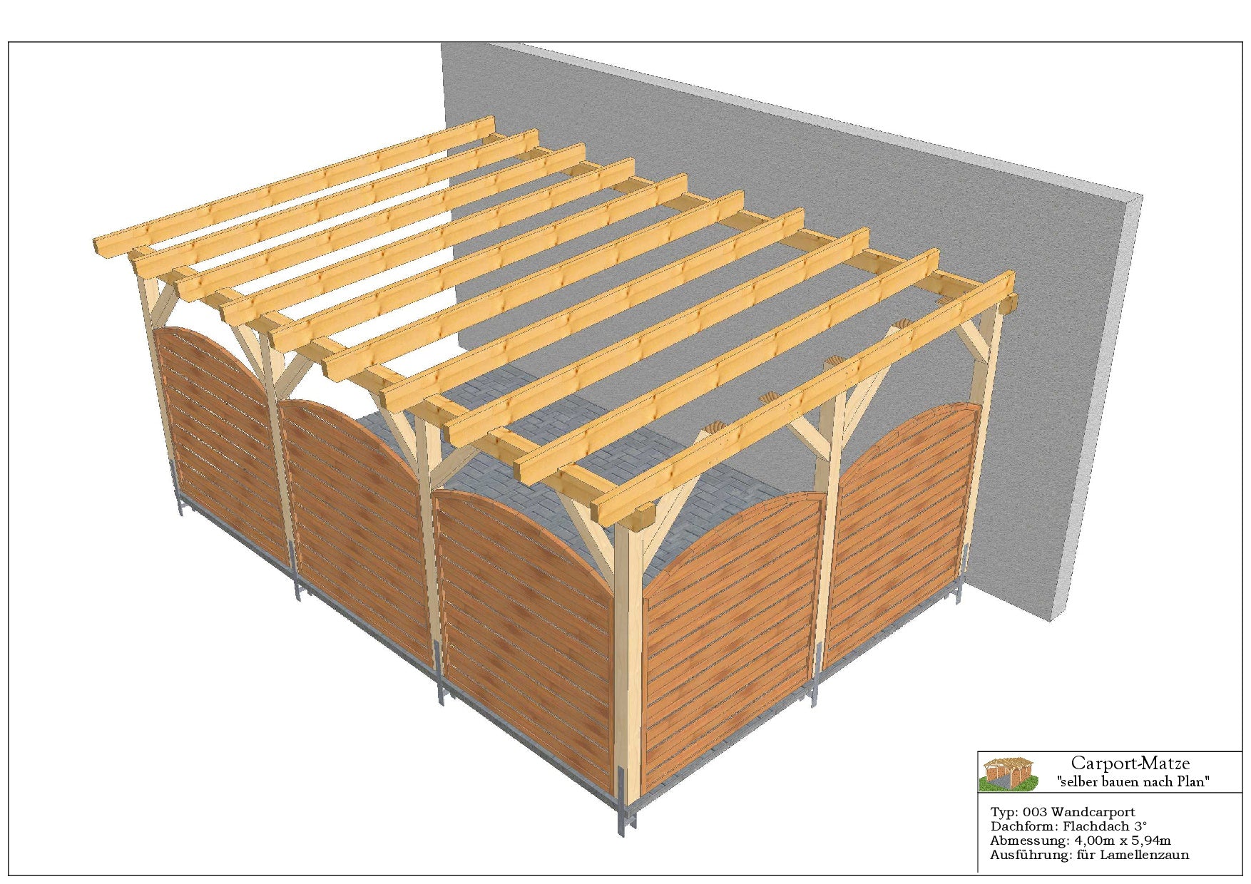Bauplan für einen Holz-Wandcarport 4,00m x 5,94m mit Montageanleitung - Ansicht 7