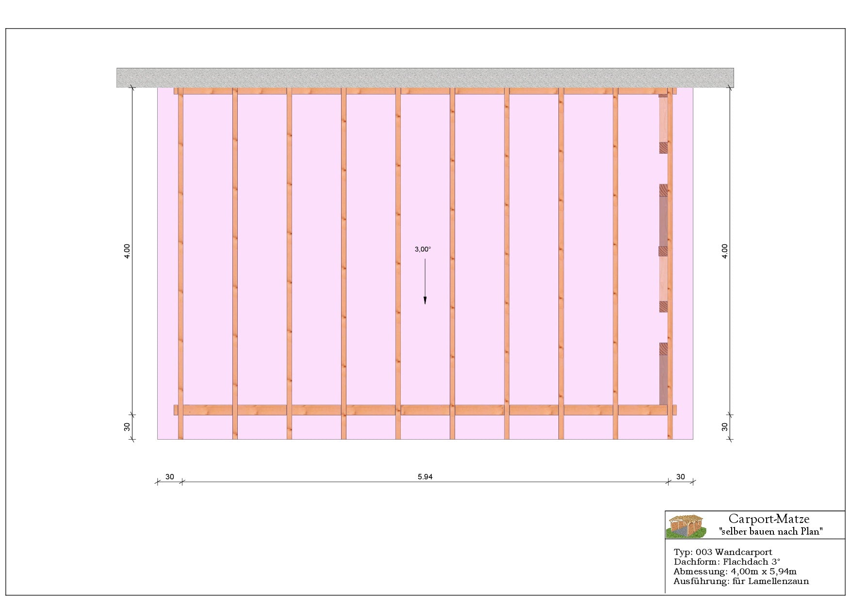 Bauplan für einen Holz-Wandcarport 4,00m x 5,94m mit Montageanleitung - Draufsicht