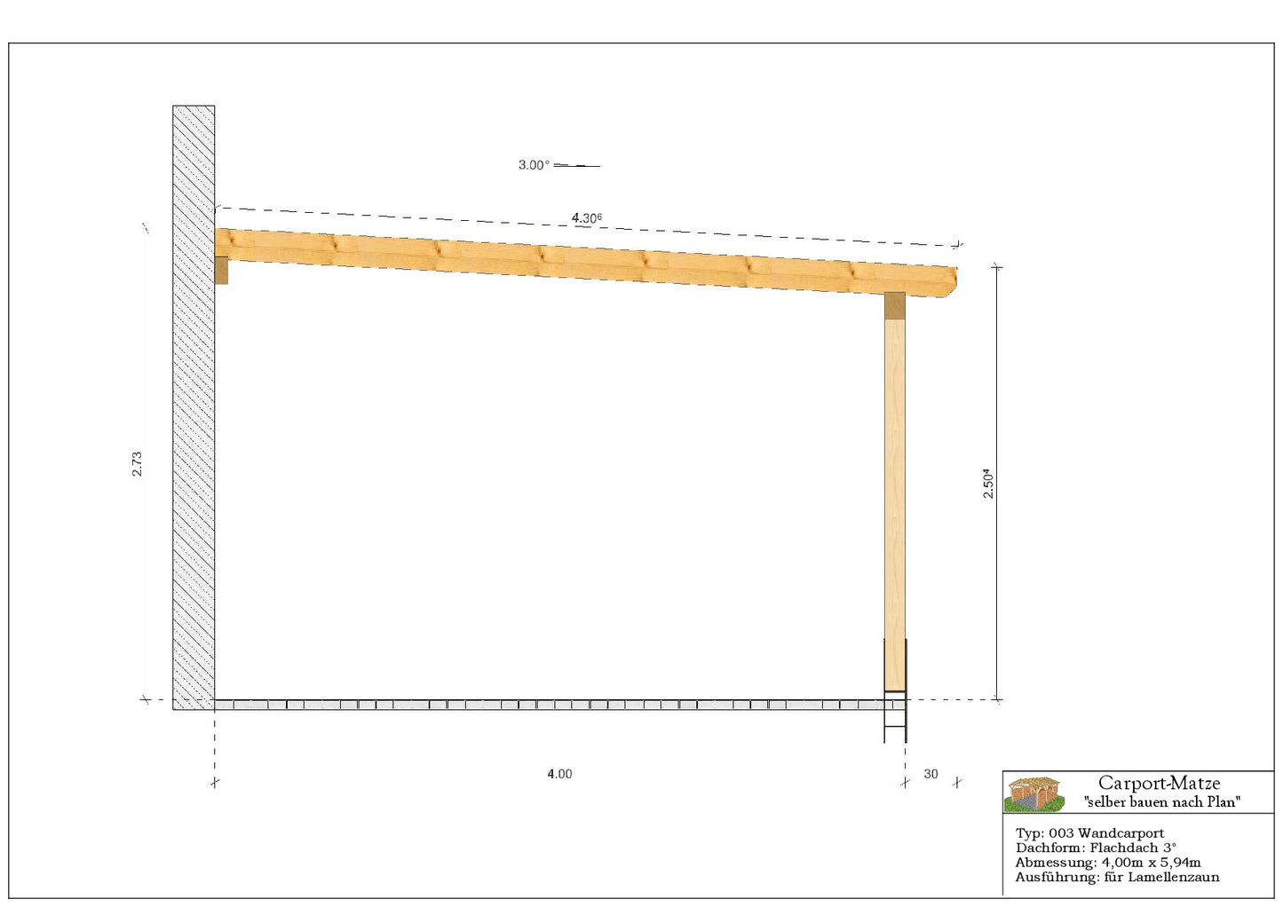 Bauplan für einen Holz-Wandcarport 4,00m x 5,94m mit Montageanleitung - Schnitt